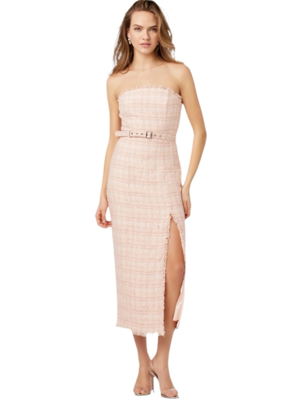 NWT Toccin Vivian Tweed Belted Midi Dress Blush Pink Slit 8 Chic
